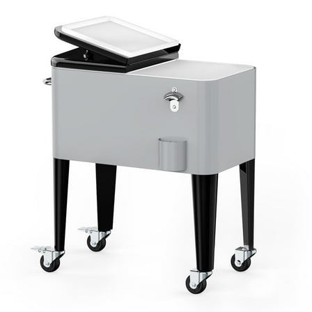 SHAREWIN 60 Quart Rolling Ice Chest Cooler Cart, Portable Outdoor Beverage Cooler Cart with Bottle Opener & Cap Collector for Patio Party & Camping & Beach Activities(Silver)