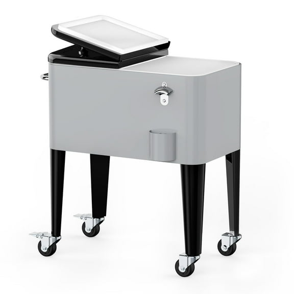 SHAREWIN 60 Quart Rolling Ice Chest Cooler Cart, Portable Outdoor Beverage Cooler Cart with Bottle Opener & Cap Collector for Patio Party & Camping & Beach Activities(Silver)