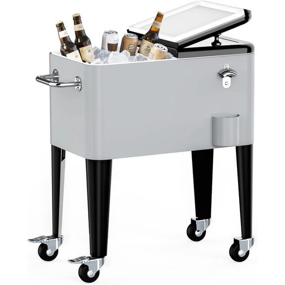 SHAREWIN 60 Quart Rolling Ice Chest, Portable Patio Party Drink Cooler Cart with Bottle Opener & Cap Collector & Drain for Patio Party BBQ & Beach Activities