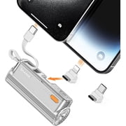 SHARGE Flow Mini Portable Charger, 5000mAh Mini Power Bank with Dual Plugs and Built in Cable, USB-C Lightning External Battery for iPhone 15/14 Series