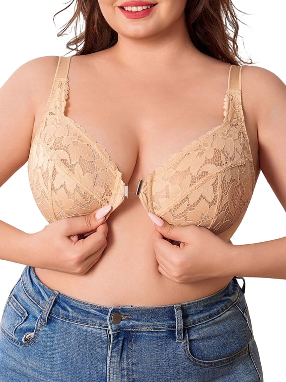 Lace Bralette for Women Plus Size Front Closure Unlined Underwire Bra 38DD