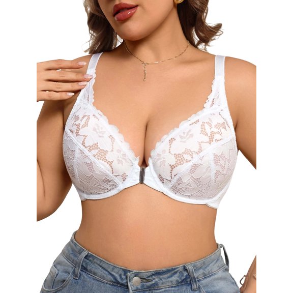 SHARICCA Lace Bralette for Women Plus Size Front Closure Unlined Underwire Bra 40D