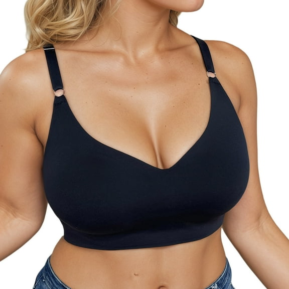 Plus Size Wireless Bras for Women - V Neck Padded Seamless Adjustable Straps Bralettes, Everyday Basic Sleeping Bras, Soft T-Shirt Bra, Black