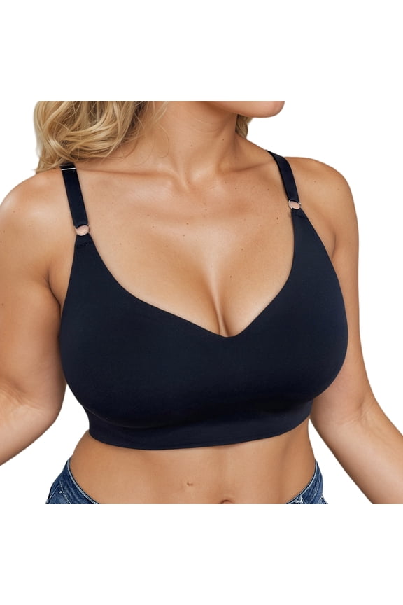 Plus Size Wireless Bras for Women - V Neck Padded Seamless Adjustable Straps Bralettes, Everyday Basic Sleeping Bras, Soft T-Shirt Bra, Black