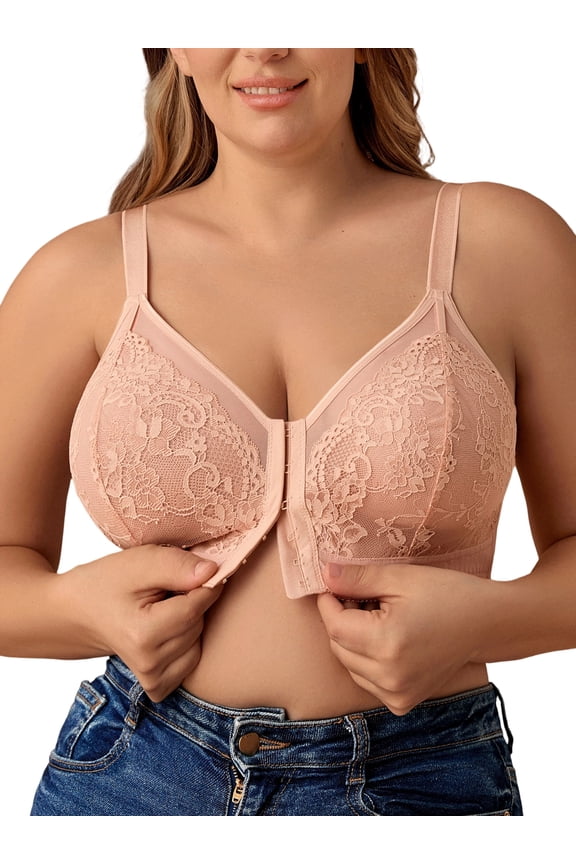 Plus Size Womens Wirefree Bra Front Closure Full Coverage Lace Bralette