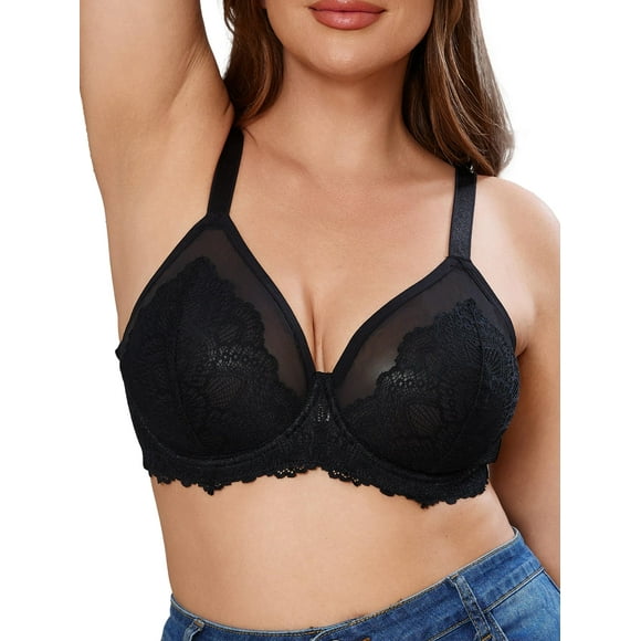 Minimizer Bras for Women - Underwire Support Unlined Bralette - Plus Size Full Coverage Lace Bra for Large Breasts 46D