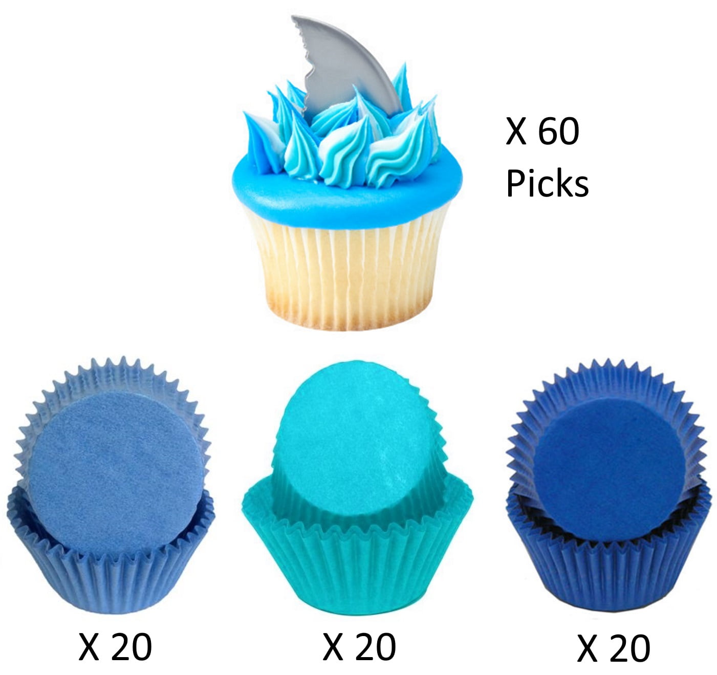 SHARK FIN Cupcake Toppers and Liners - Picks with Coordinating "Water" Colored Baking Cups in Light Blue, Turquoise, and Dark Blue - Enough for 60 Cupcakes