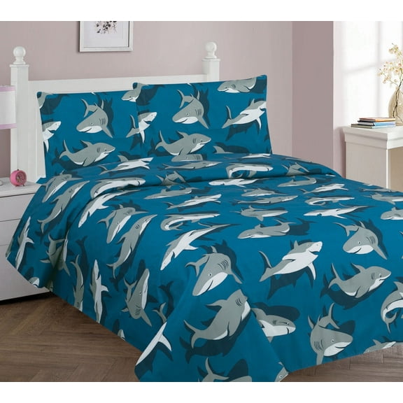SHARK GREY Full Kids Printed 4pc Sheet Set Premium Collection Modern Bedding Dressing New Designs for Girls/Boys & Toddler