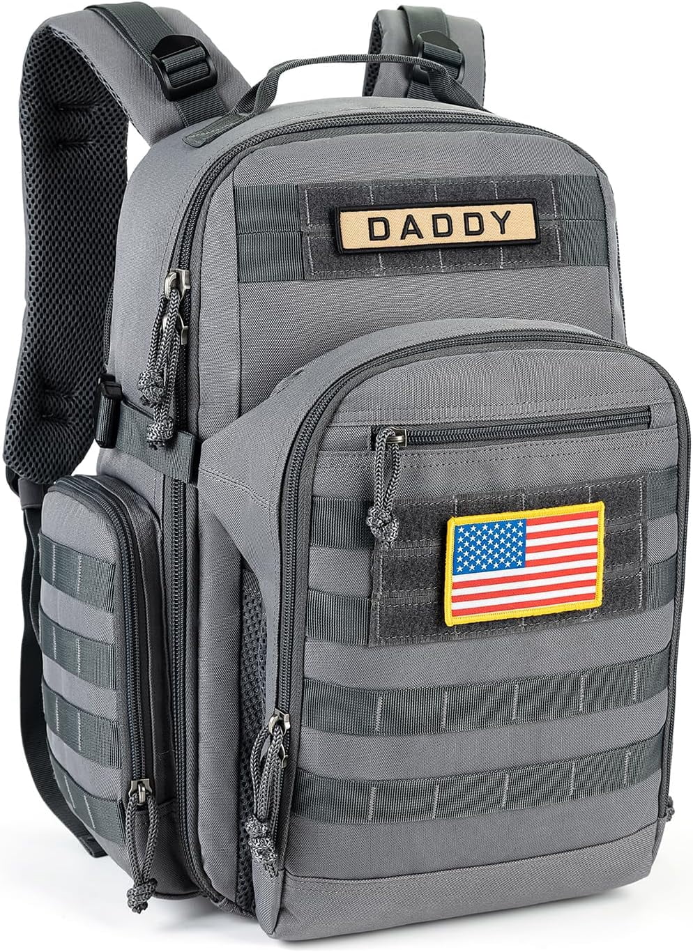 SHARKMOUTH Dad Diaper Bag Backpack - Military Baby Gear Backpacks with Daddy Patches Gray