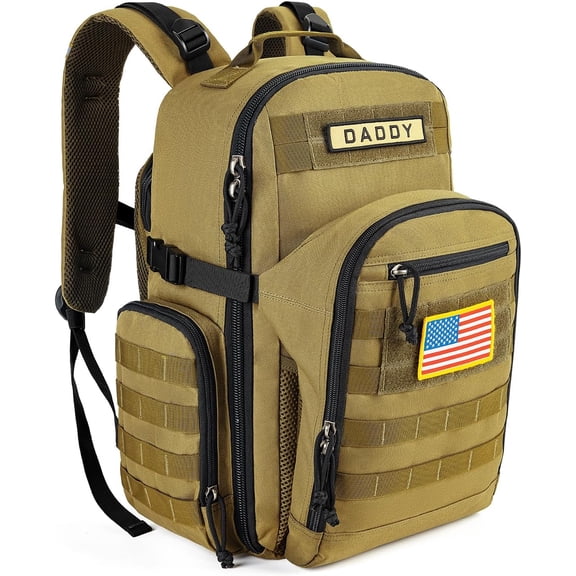 SHARKMOUTH Dad Diaper Bag Backpack - Military Baby Gear Backpacks with Daddy Patches Tan