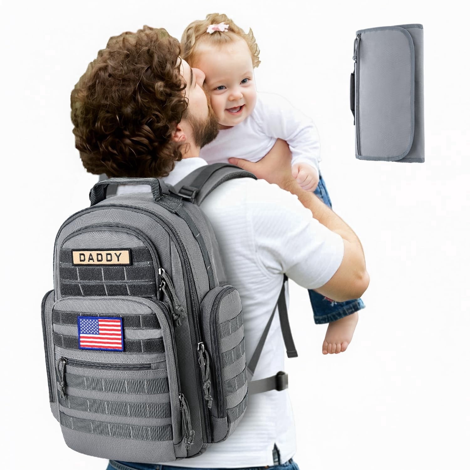 SHARKMOUTH Diaper Bag with Changing Pad - Large Military Baby Diaper Backpack for Hiking Travel Camping - Army Style for Men Active Dad Gray