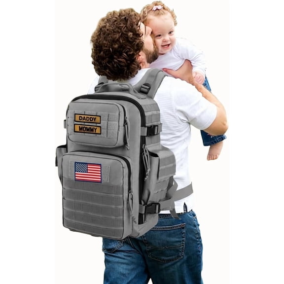 SHARKMOUTH Military Diaper Bag for Tech-Dads: 40L Large Capacity with 15.6" Laptop Sleeve/Insulated Pockets - 900D Polyester with MOLLE System for Business Travel/WFH/Commute (Grey)