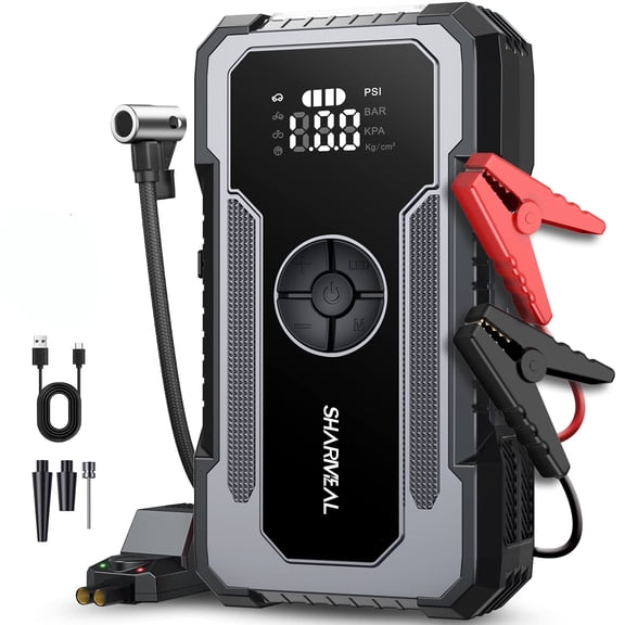 SHARMEAL 15000A Jump Starter Power Pack with 150PSI Air Compressor, 12V Portable Car Battery Booster10.0L Gas/9.0L Diesel, Car Starter Power Bank with Jump leads, LCD Screen, Emergency Light
