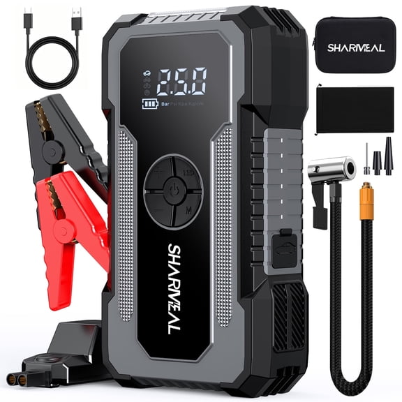 SHARMEAL 9500A Jump Starter Power Pack with 150PSI Air Compressor, 12V Portable Car Battery Booster10.0L Gas/9.0L Diesel, Car Starter Power Bank with Jump leads, LCD Screen, Emergency Light
