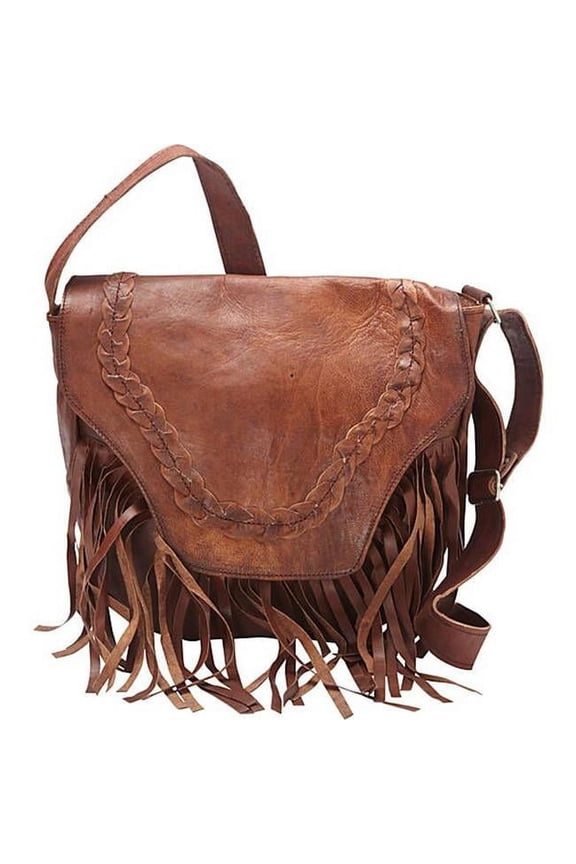 Women's Brown Leather Handmade Fringed and Braided Western Cross Body Bag