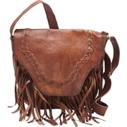 SHARO Womens Brown Leather Handmade Fringed and Braided Western Cross Body Bag