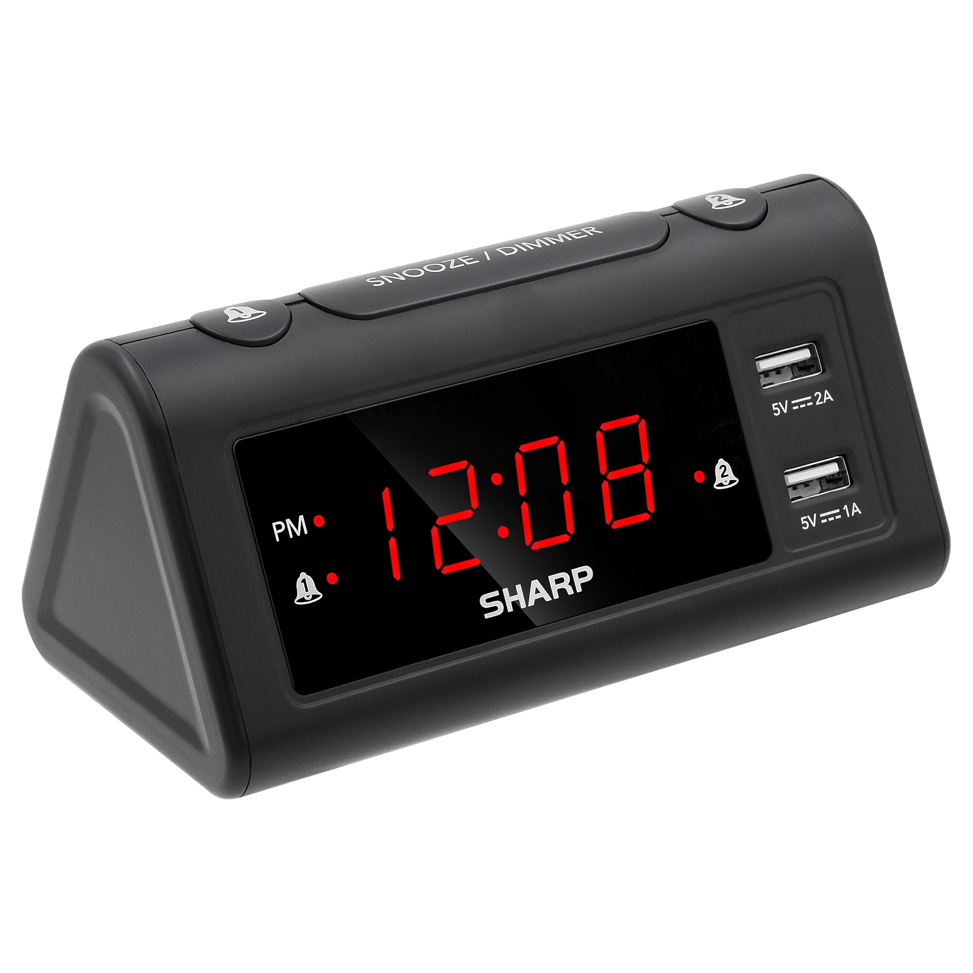 SHARP Dual Alarm Clock with 2 x USB Charge Ports, Black with Red LED ...