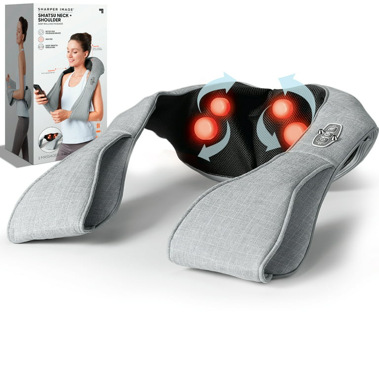 SHARPER IMAGE Reversible Neck & Shoulder Shiatsu Massager, with Arm Straps,  Personal Massage for Neck & Back, Deep Tissue Kneading and Soothing Heat,  Rotating Heads, Relaxation & Calming Sensation 