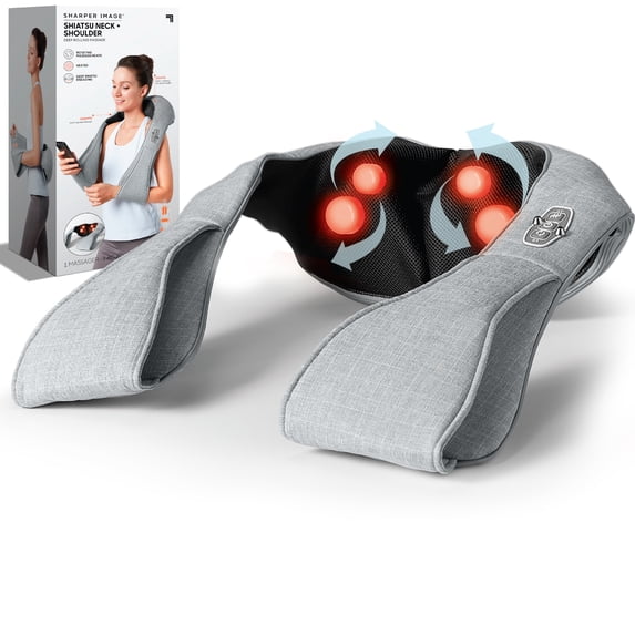 SHARPER IMAGE Reversible Neck & Shoulder Shiatsu Massager, with Arm Straps, Personal Massage for Neck & Back, Deep Tissue Kneading and Soothing Heat, Rotating Heads, Relaxation & Calming Sensation