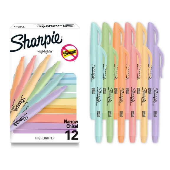 Sharpie Pocket Highlighters, Mild Pastel Colors, Assorted, Chisel Tip, 12 Count
