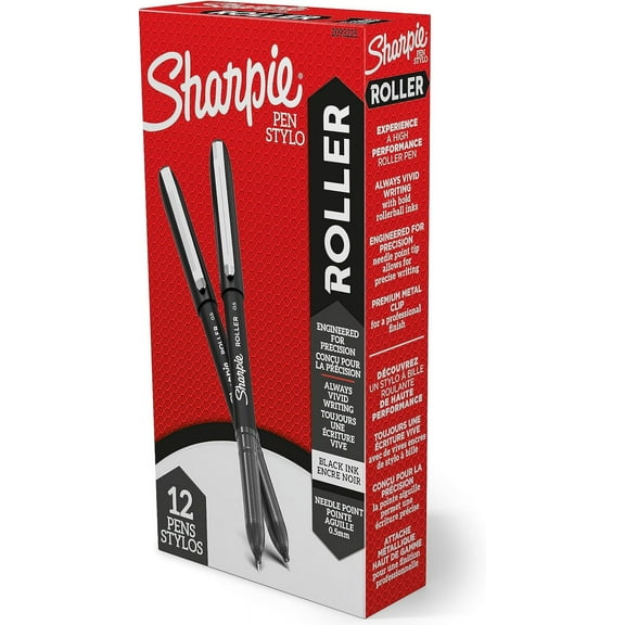 SHARPIE Rollerball Pen, Needle Point (0.5mm) Precision Pen, Black Ink, 12 Count