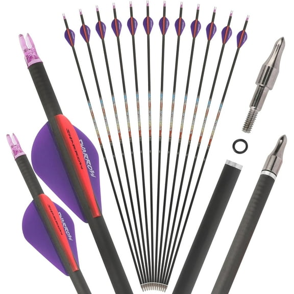 SHARROW 31" Carbon Arrows Hunting Arrows Spine 250 300 350 400 500 600 with Replaceable Points Targeting Practice Arrows for Compound/Recurve/Long Bow 6/12pcs