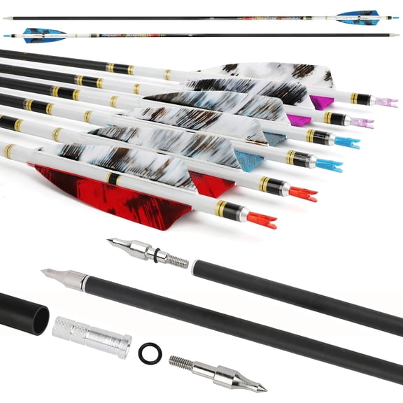 SHARROW 31" Pure Carbon Arrows Archery Hunting Arrows 250 300 350 400 500 600 Spine with Natural Feather Fletched Targeting Arrows for Compound & Recurve & Long Bow 6/12Pack