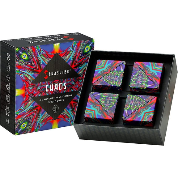 SHASHIBO Gift Box of 4 - Award-Winning, Patented Fidget Cube w/ 36 Rare Earth Magnets - 3D Magic Cube–Shashibo Cube Magnet Fidget Toy Transforms Into Over 70 Shapes (Chaos - Artist Series)