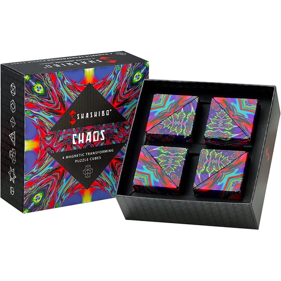 SHASHIBO Gift Box of 4 - Award-Winning, Patented Fidget Cube w/ 36 Rare Earth Magnets - 3D Magic Cube–Shashibo Cube Magnet Fidget Toy Transforms Into Over 70 Shapes (Chaos - Artist Series)
