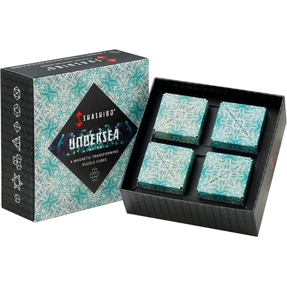 SHASHIBO Gift Box of 4 - Award-Winning, Patented Fidget Cube w/ 36 Rare Earth Magnets - 3D Magic Cube – Shashibo Cube Magnet Fidget Toy Transforms Into Over 70 Shapes (Undersea - Explorer Series)