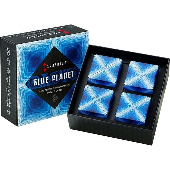 SHASHIBO Gift Box of 4 - Award-Winning, Patented Fidget Cube w/ 36 Rare Earth Magnets - Extraordinary 3D Magic Cube – Shashibo Cube Magnet Fidget Toy Transforms Into Over 70 Shapes (Blue Planet)