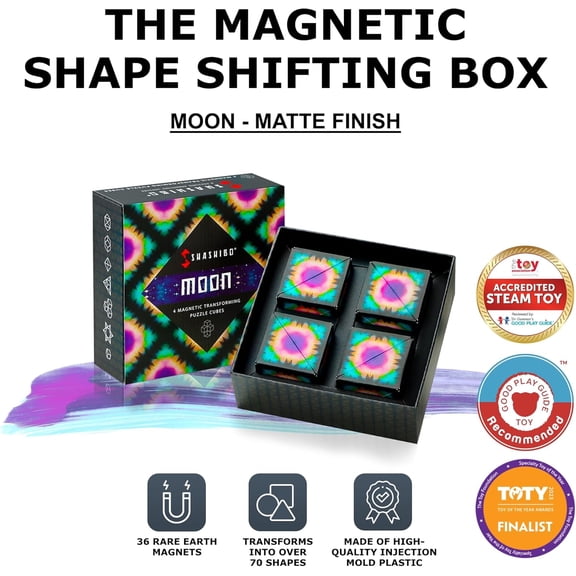 SHASHIBO Shape Shifting Box - Award-Winning, Patented Fidget Cube w/ 36 Rare Earth Magnets - Transforms Into Over 70 Shapes, Gift Box, Download Fun in Motion Toys Mobile App (Moon, 4 Pack)