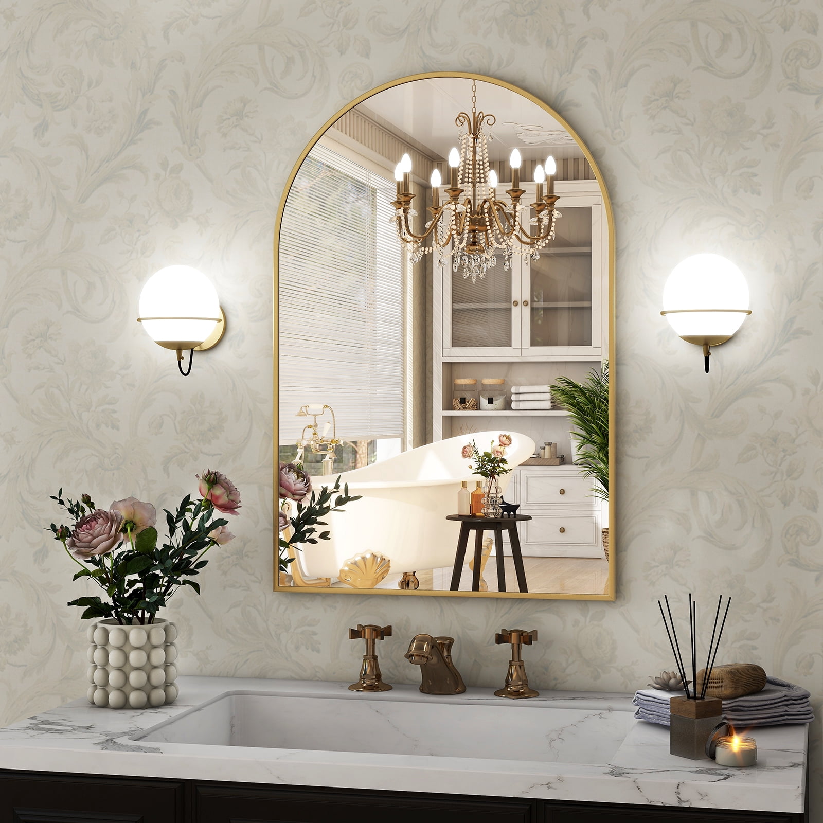 SHATTERVIEW 16"x24" Arched Bathroom Mirror Vanity Wall Mounted Mirror, Gold