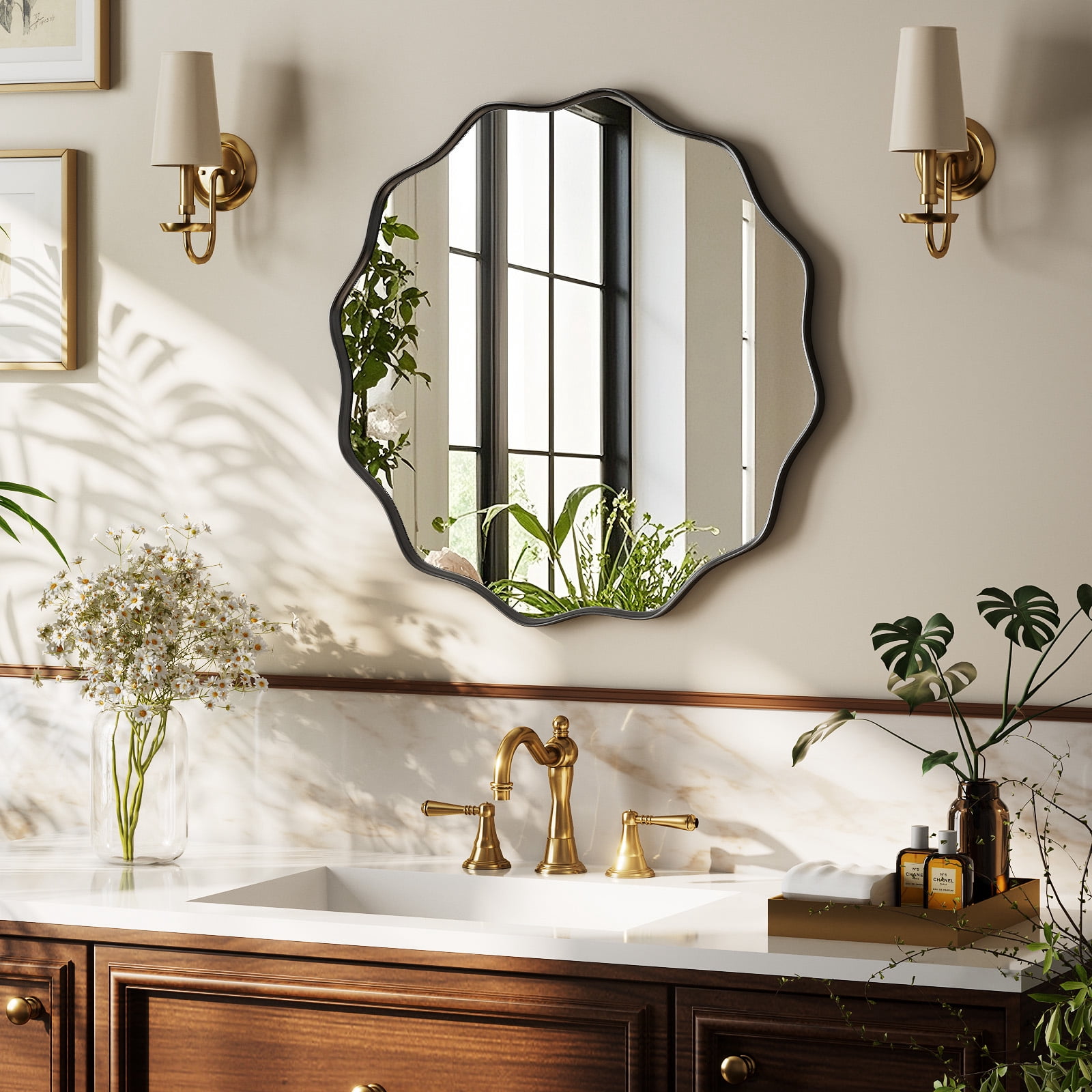 SHATTERVIEW 24" Wavy Round Bathroom Mirror Wall Mounted Vanity Mirror, Black