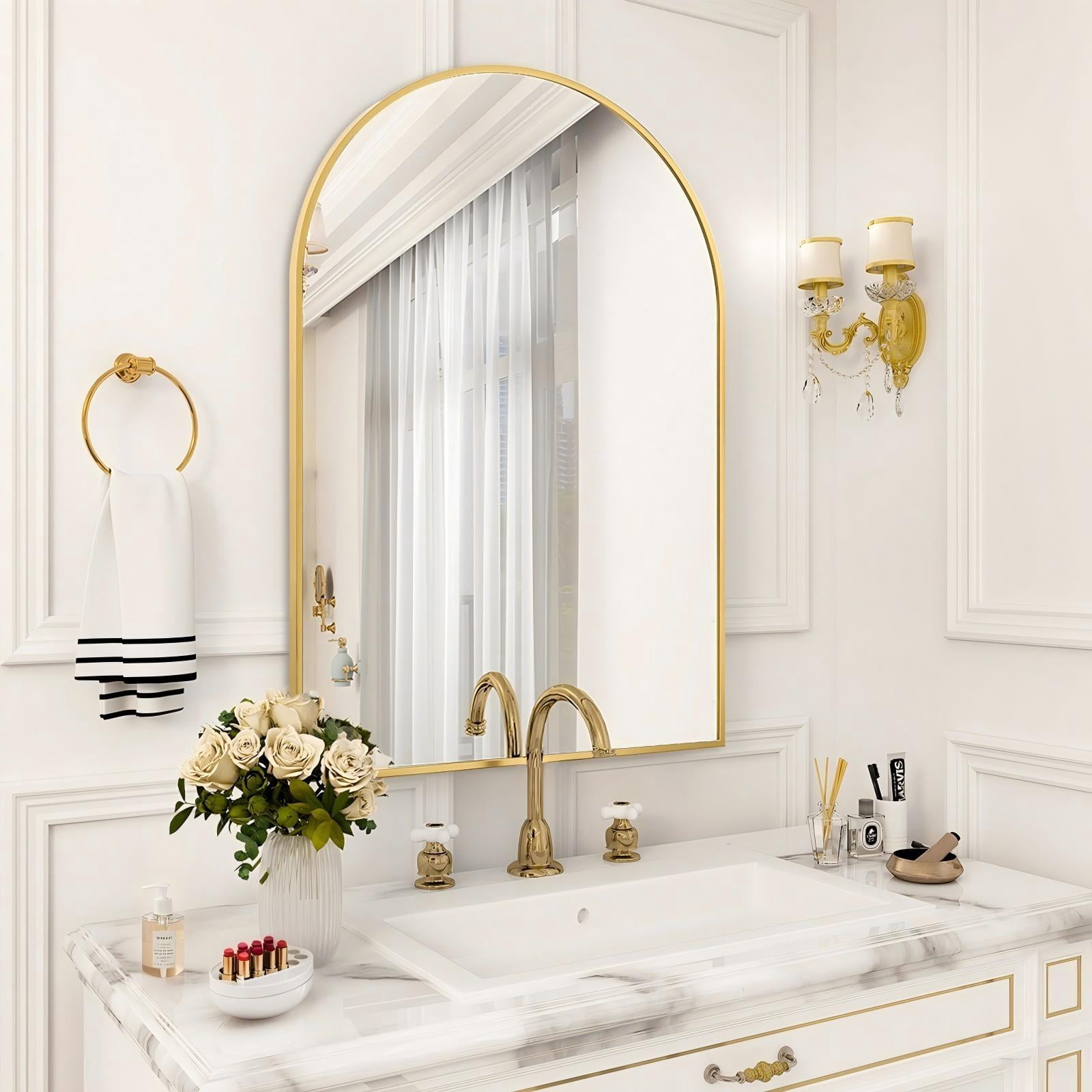 SHATTERVIEW 24"x36" Arched Bathroom Mirror Vanity Wall Mounted Mirror, Gold
