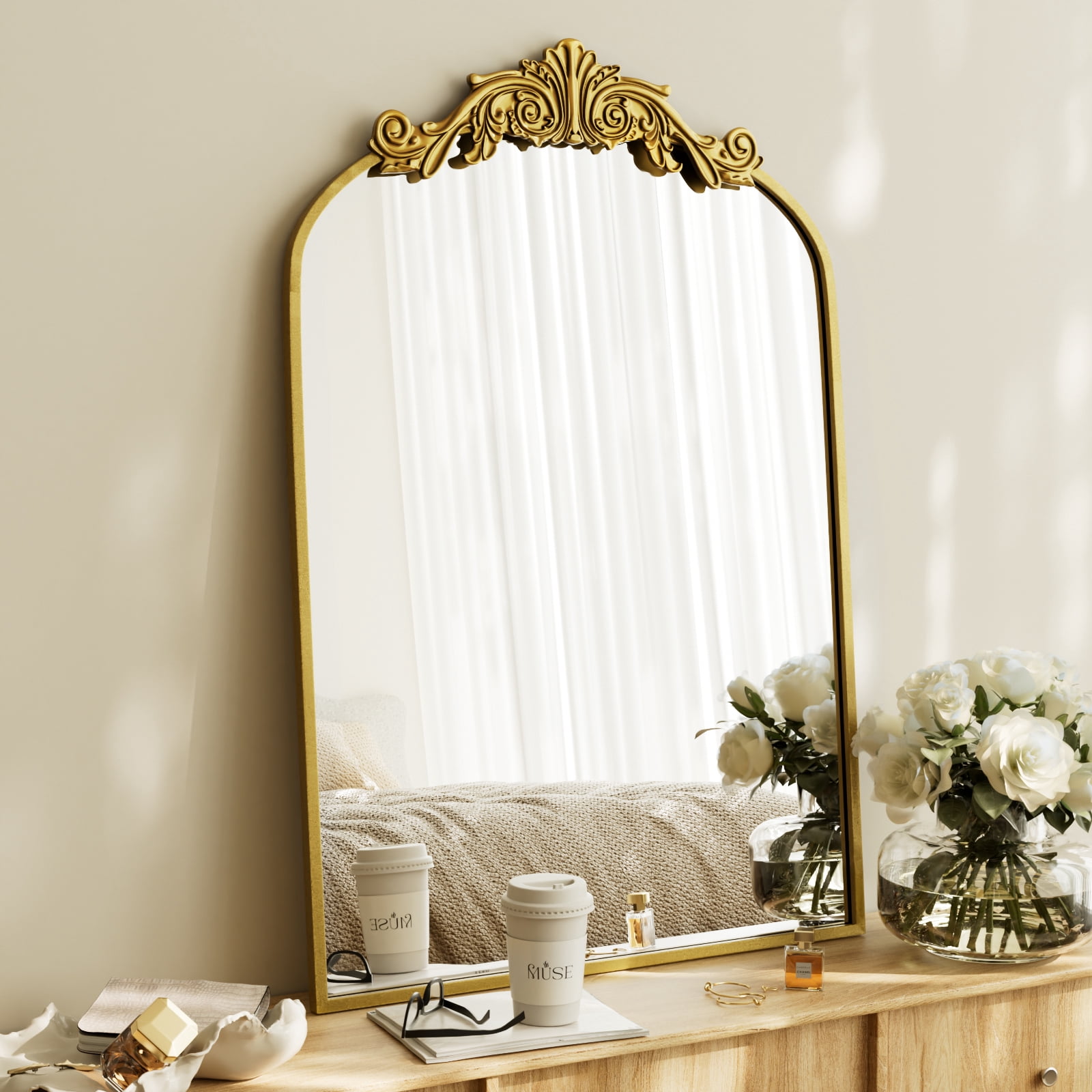 SHATTERVIEW 24"x36" Arched Wall Mirror Vintage Bathroom Mirror, Gold