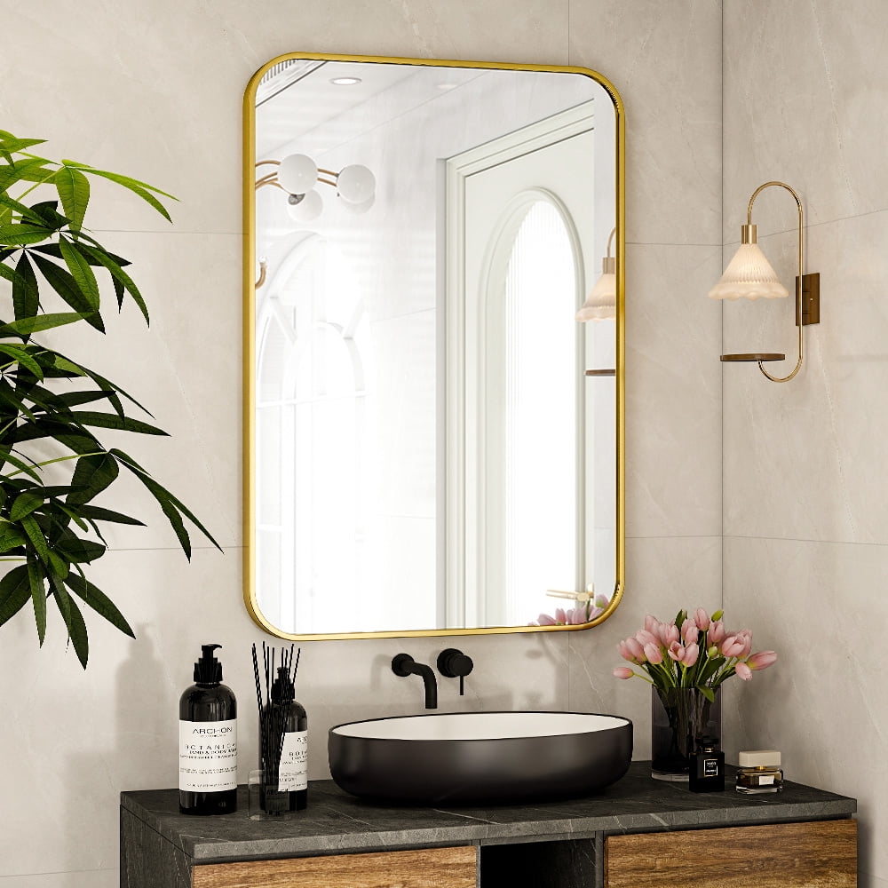 SHATTERVIEW 24"x36" Bathroom Mirror Wall-Mounted Vanity Mirror with Rectangular Metal Frame, Gold