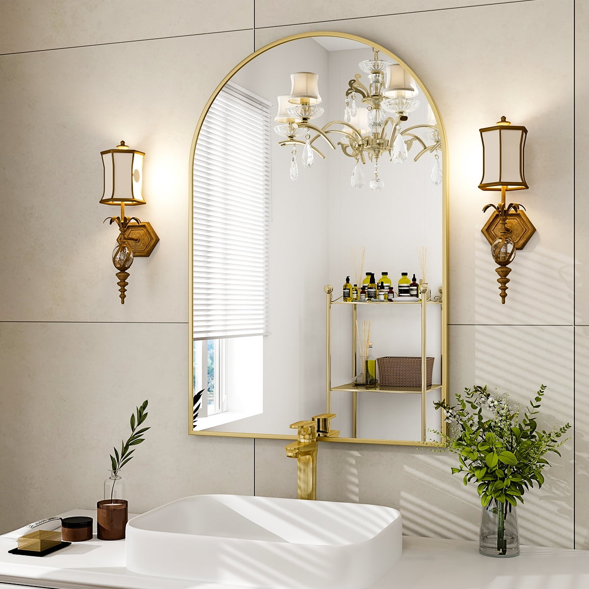 SHATTERVIEW 24"x38" Bathroom Wall Mounted Mirror Arched Hanging Vanity Mirror, Gold