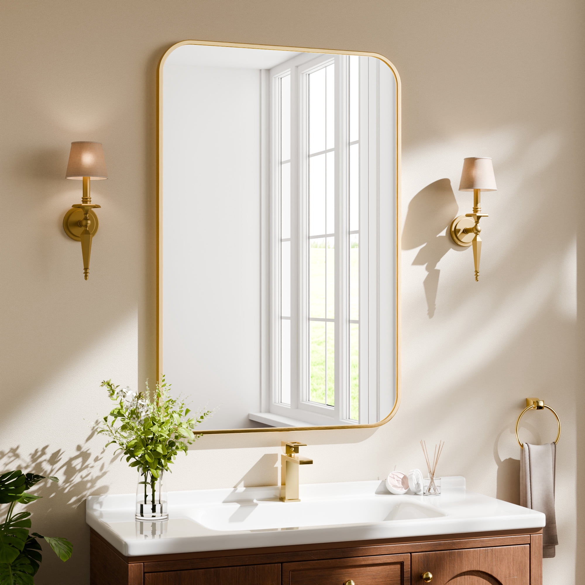 SHATTERVIEW 26"x38" Bathroom Mirror Wall-Mounted Vanity Mirror with Rectangular Metal Frame, Gold