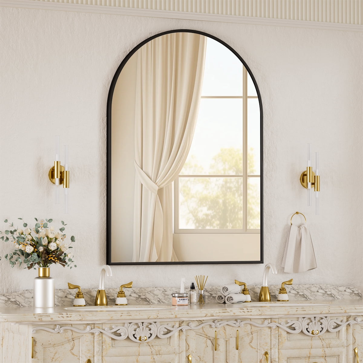 SHATTERVIEW 30"x40" Bathroom Wall Mounted Mirror Arched Hanging Vanity Mirror, Black
