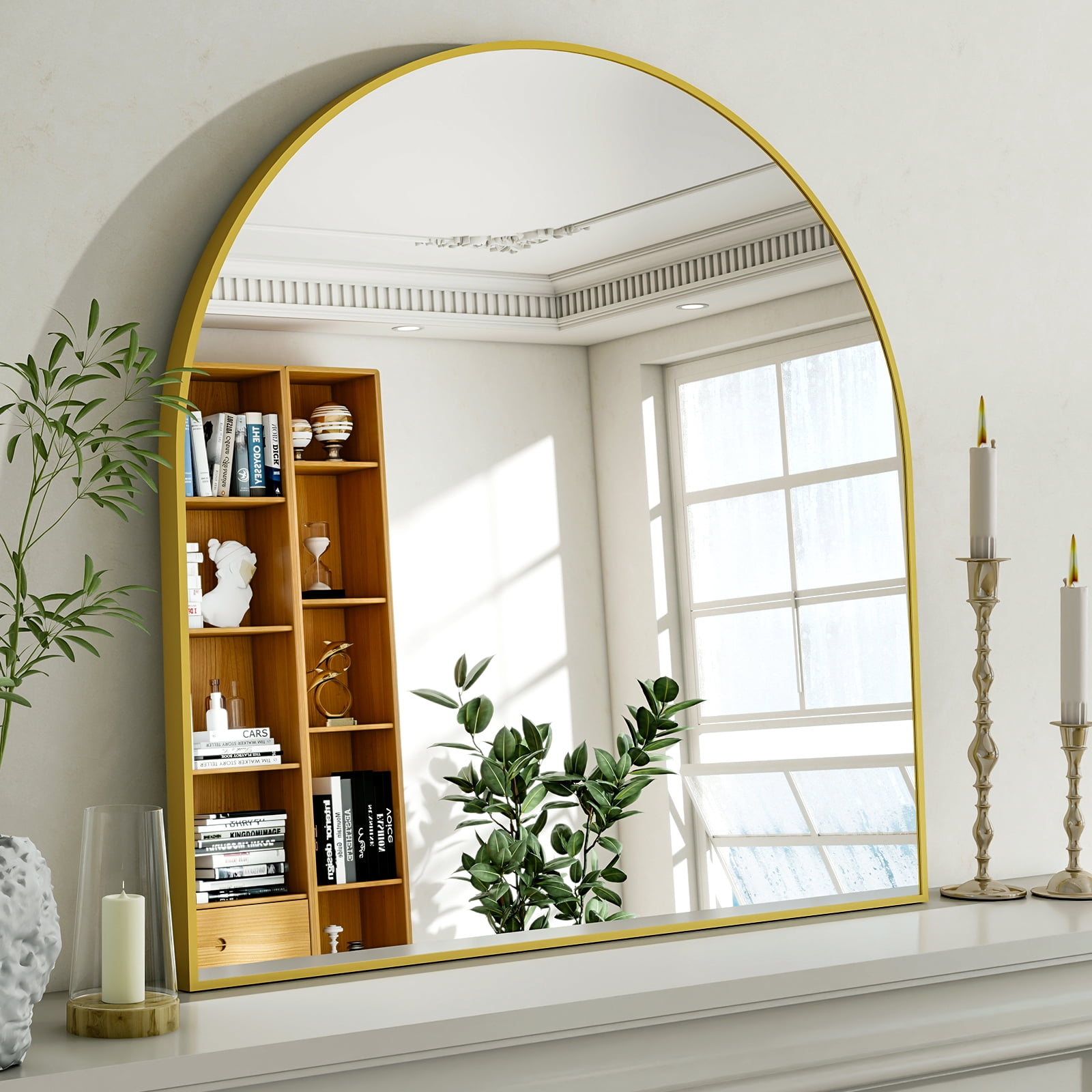 SHATTERVIEW 32"x34" Bathroom Wall Mounted Mirror Arched Hanging Vanity Mirror, Gold