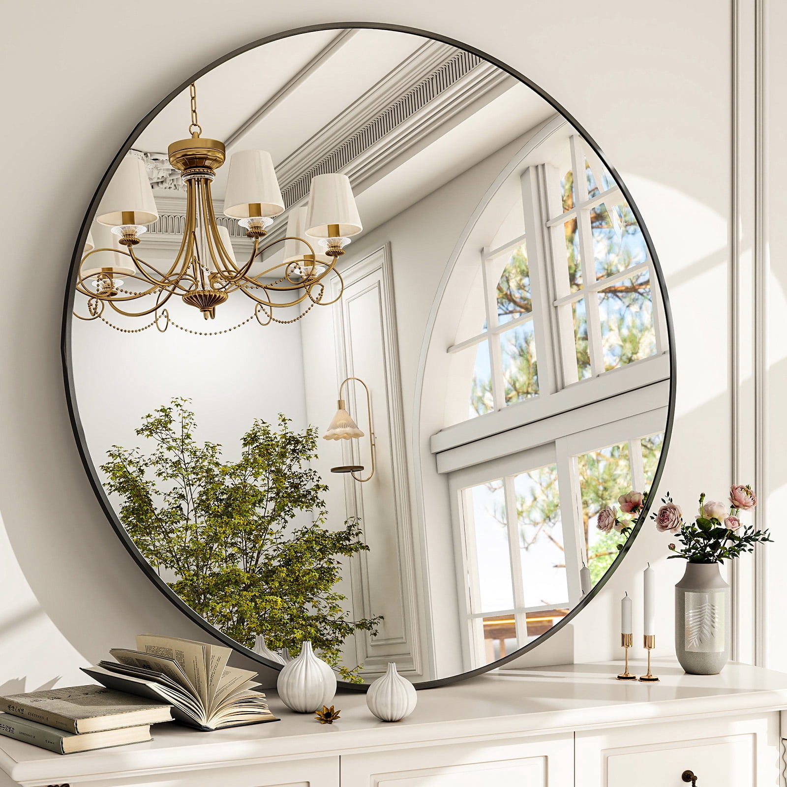 SHATTERVIEW 36" Bathroom Mirror Round Wall Mirror Vanity Mirror with Metal Frame, Black