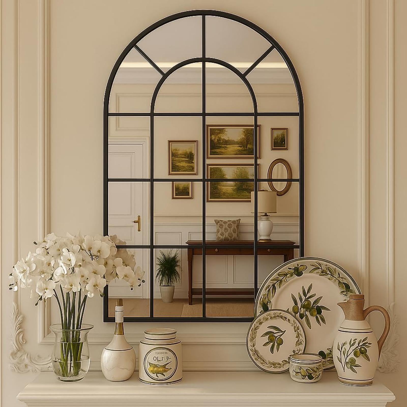 SHATTERVIEW 36" x 24" Windowpane Arched Mirror Bathroom Decorative Wall Mirror, Black