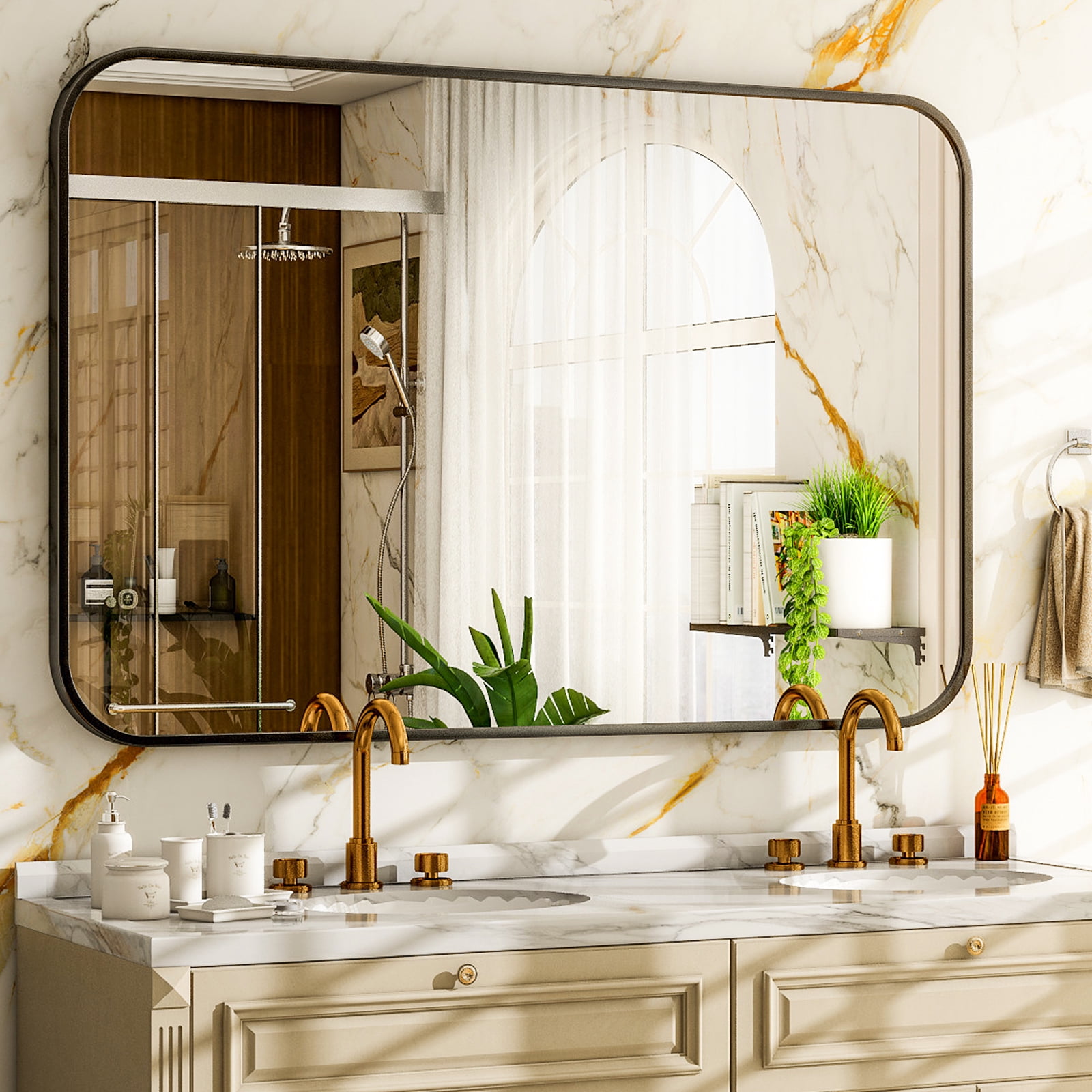 SHATTERVIEW 36"x48" Bathroom Mirror Large Rectangular Wall Mirror Metal Frame Rounded Corner Vanity Mirror,Black