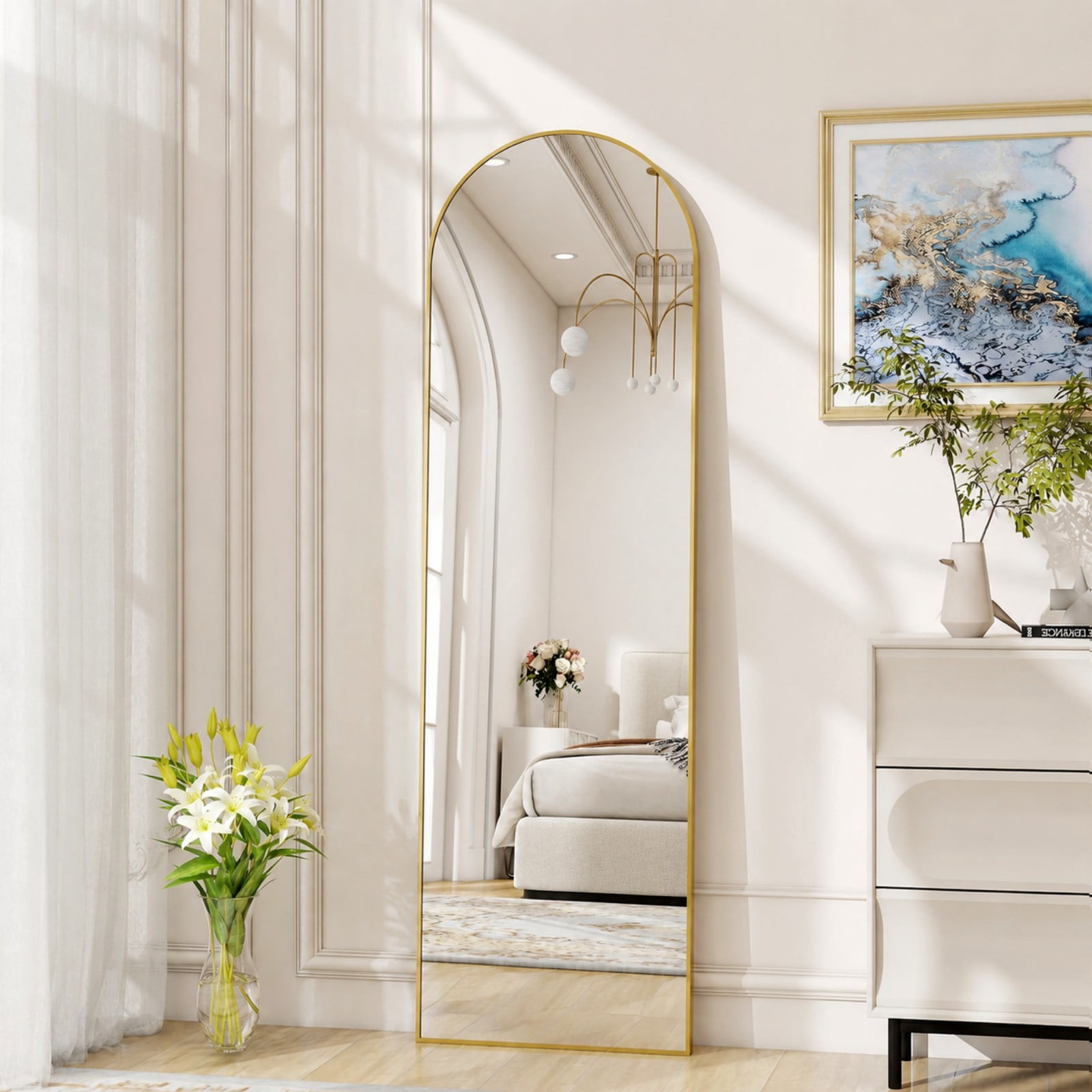 SHATTERVIEW 56"x15" Arched Full Length Mirror Floor Mirror with stand, Gold