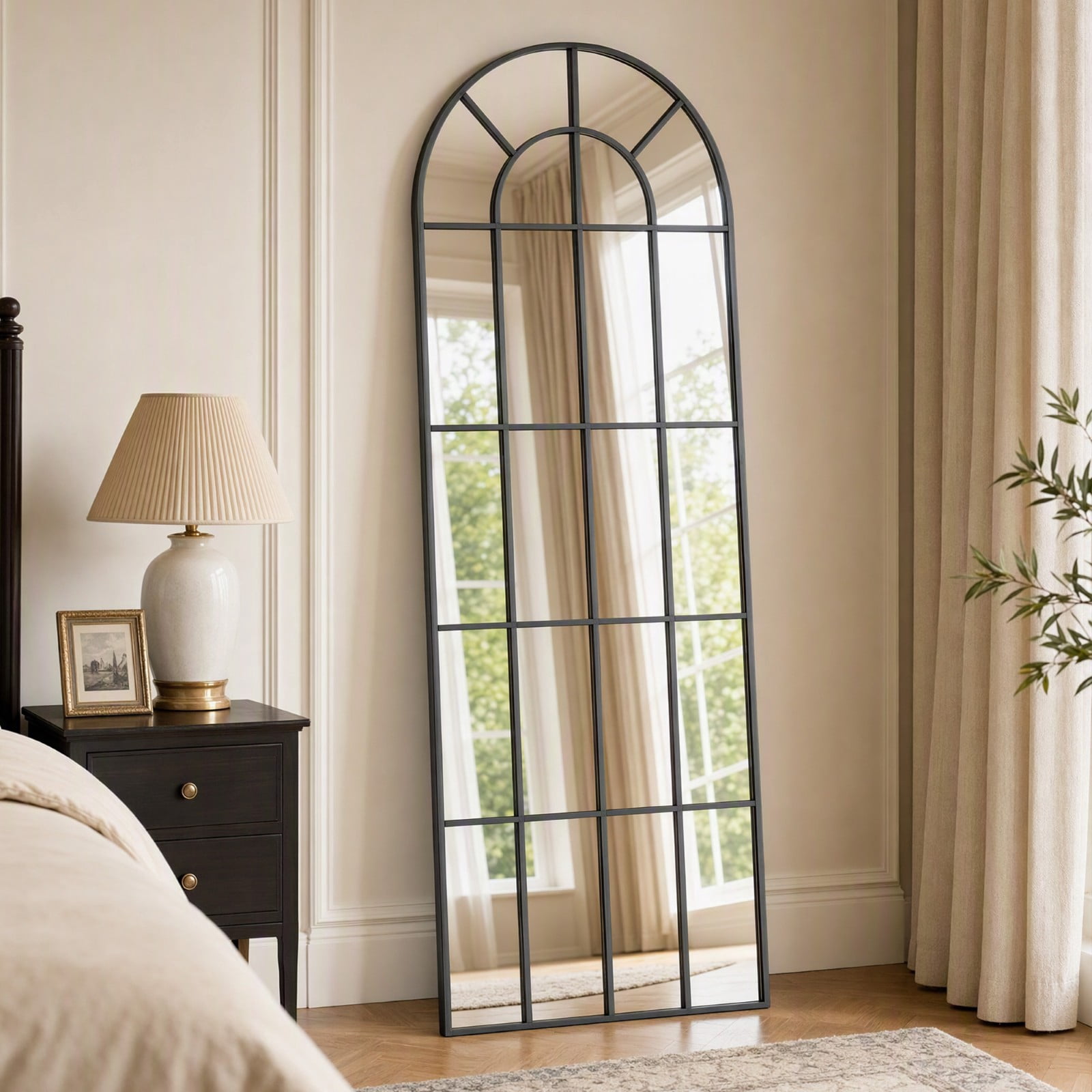 SHATTERVIEW 65"x24" Arched Full Length Mirror with Windowpane Wall-Mounted Leaning Mirror, Black