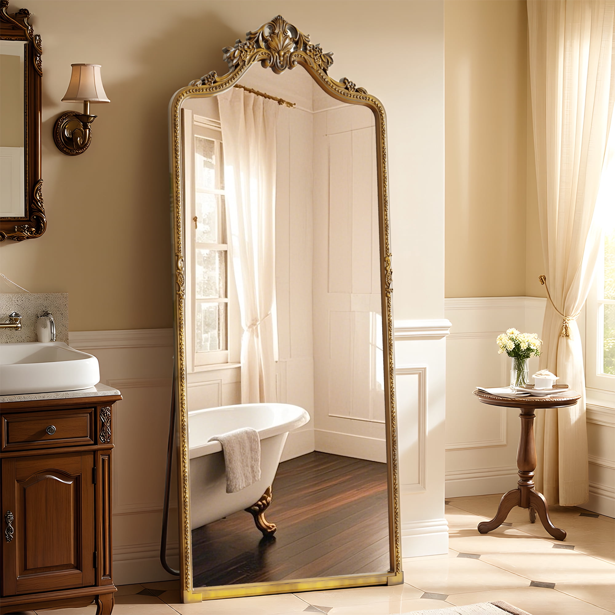SHATTERVIEW 69"x28" Arched Floor Mirror Vintage Full Length Mirror with Carving Design, Antique Gold