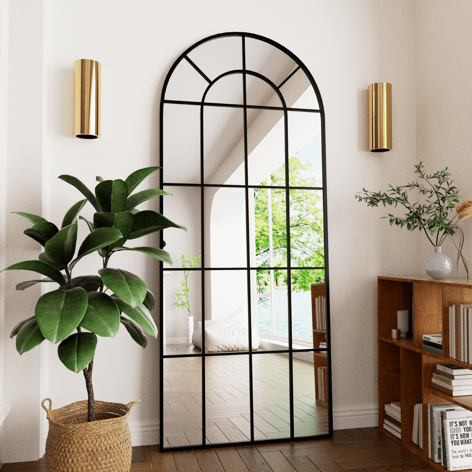 SHATTERVIEW 71"x30" Arched Full Length Mirror with Windowpane Wall-Mounted Leaning Mirror, Black