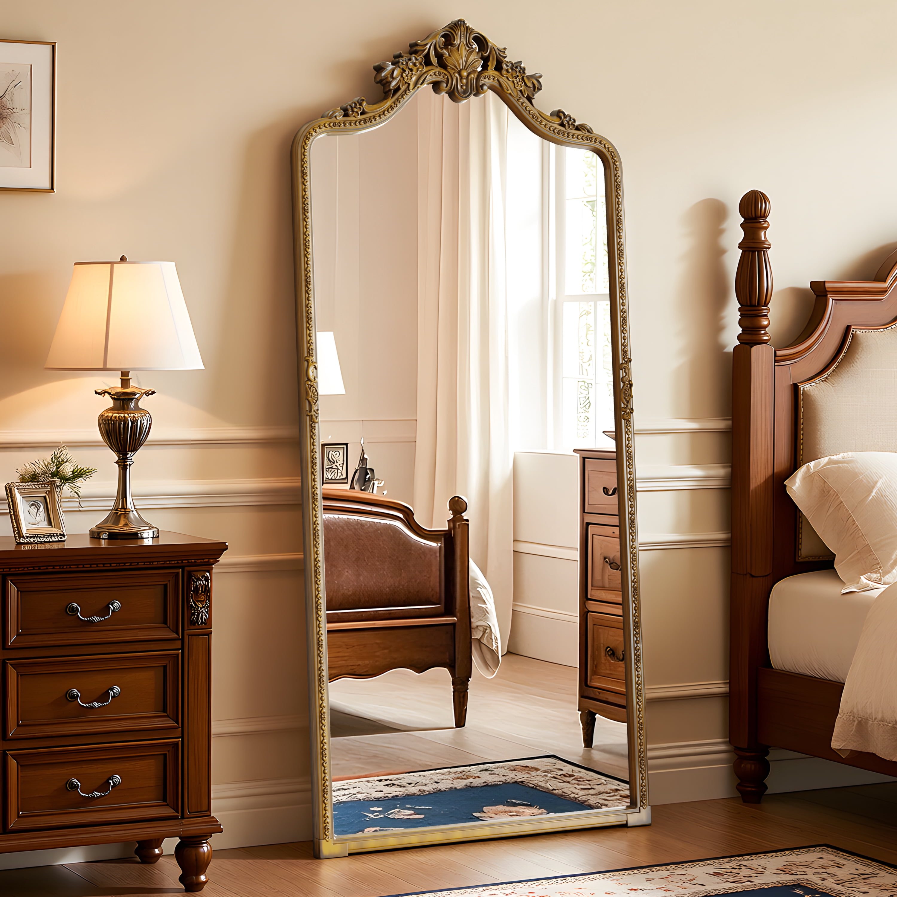 SHATTERVIEW 71"x32" Arched Floor Mirror Vintage Full Length Mirror with Carving Design, Antique Gold