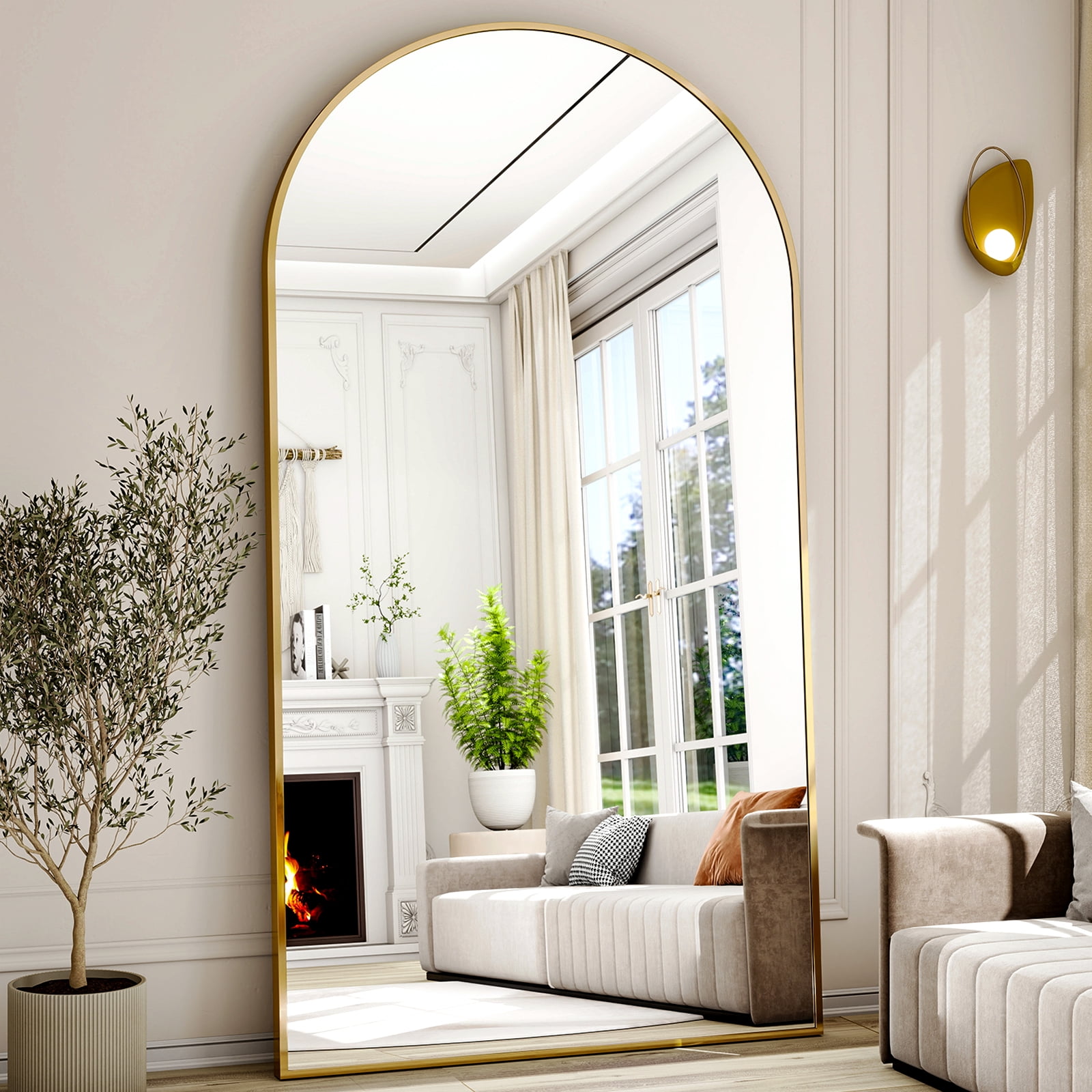 SHATTERVIEW 77"x38" Arched Floor Mirror Full Length Standing Body Dressing Mirror, Gold
